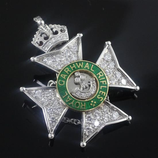 A modern 18ct white gold, diamond and two colour enamel Royal Garhawl Rifles brooch, 1.5in.